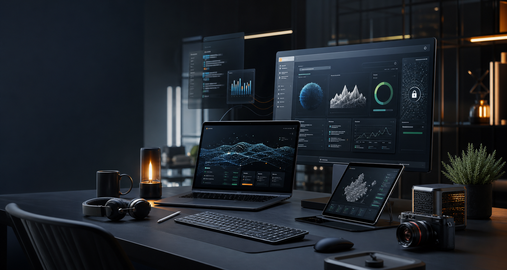 A modern technology workspace with dashboards and devices