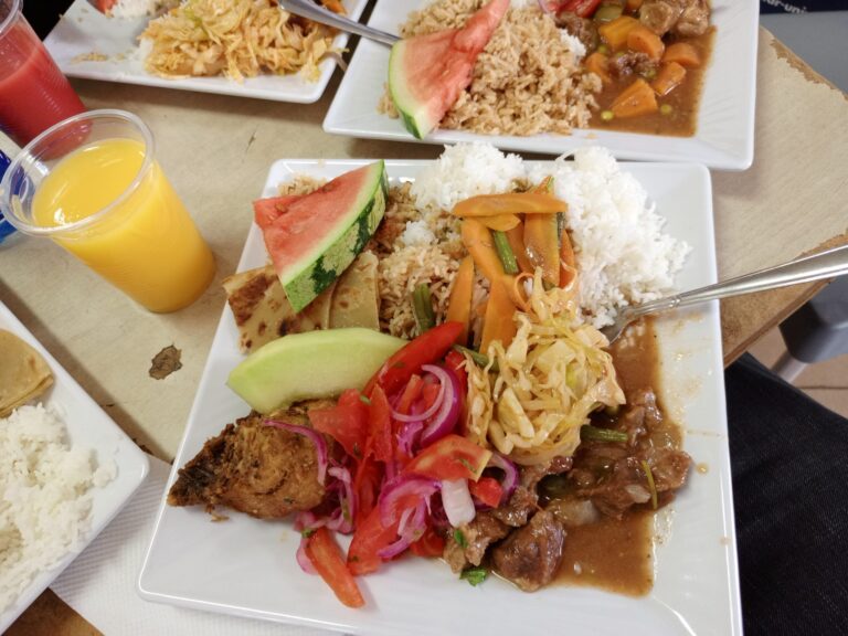 Plate of rice, stewed meat, fresh tomato salad, carrots and watermelon slices on a table