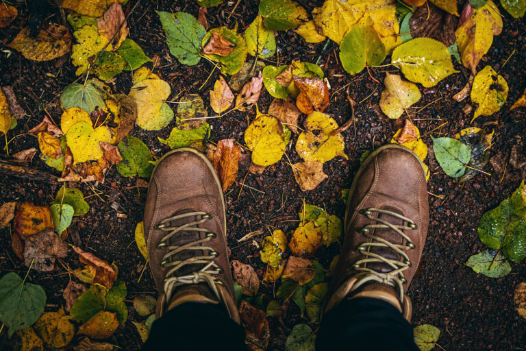 Brown walking boots standing on a path covered with colorful autumn leaves
