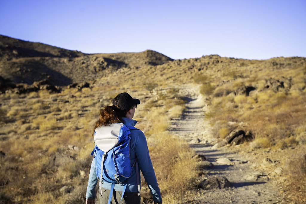 Woman with a blue backpack walking along a sunny desert hiking trail