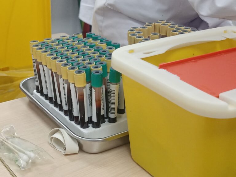 Rows of labelled blood sample tubes on a tray beside a yellow lab container